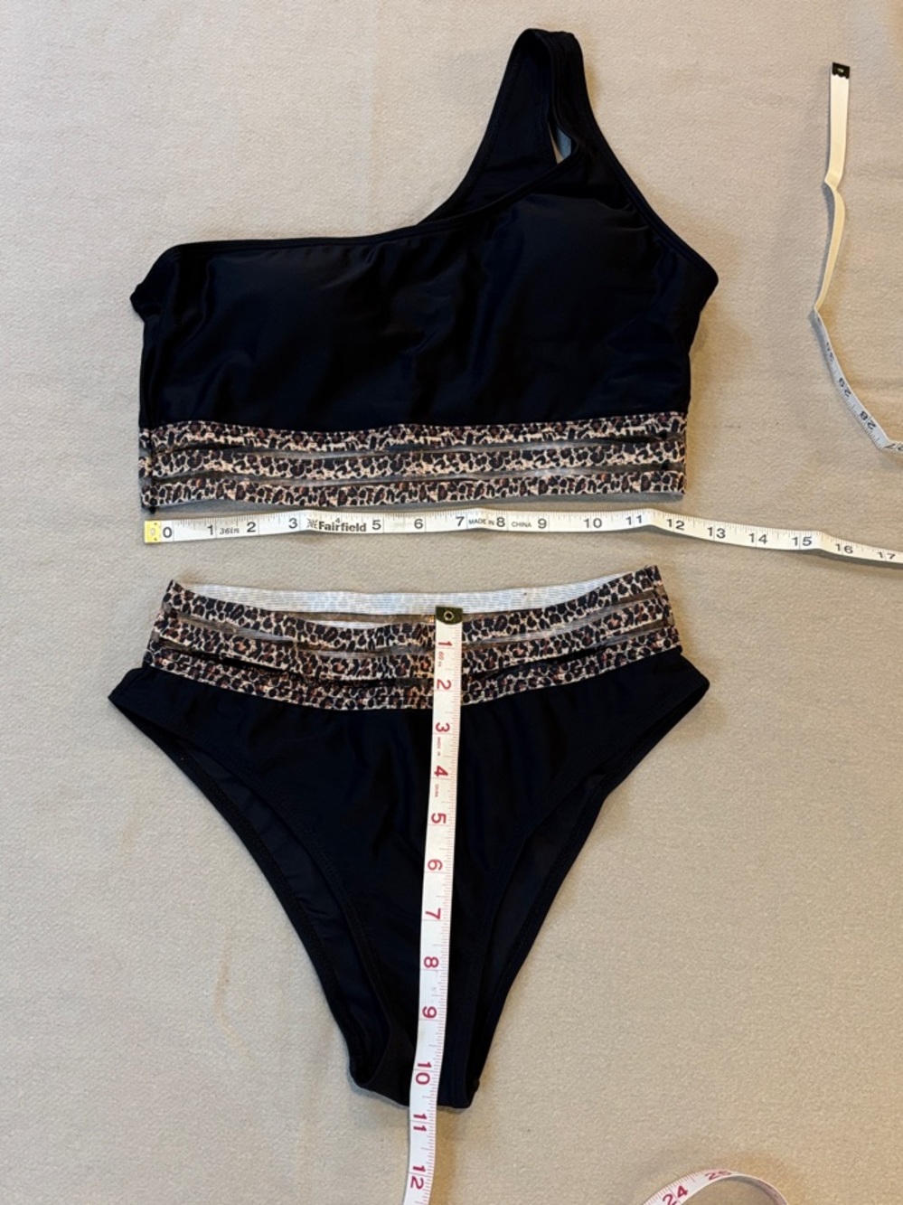 Shein Swim One-Shoulder Black Bikini Set with Leopard Trim Medium